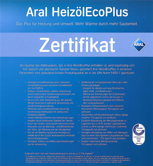 Aral HeizölEcoPlus Zertifikat